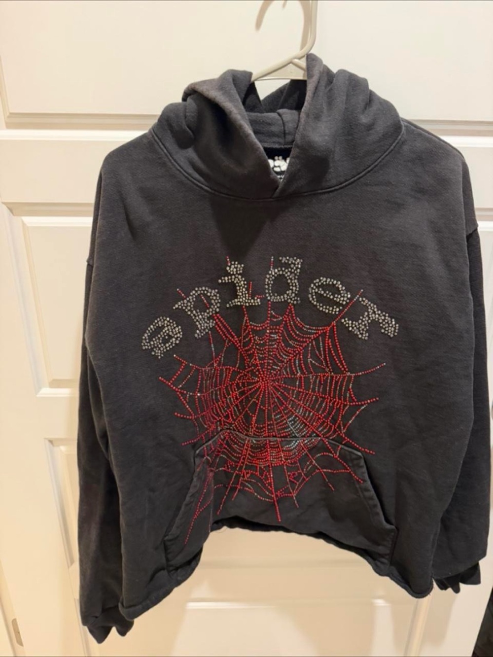 Men's Black Crewneck Sweater with Red Rhinestone Spiderweb Graphic